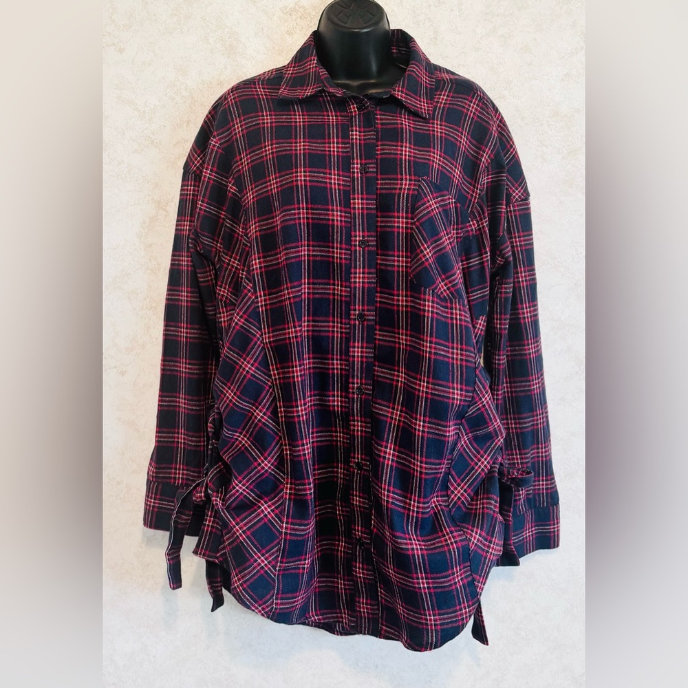 Simisue Women's Red Blue Plaid Button Up Laced Ties at Sides Medium Runs Larger